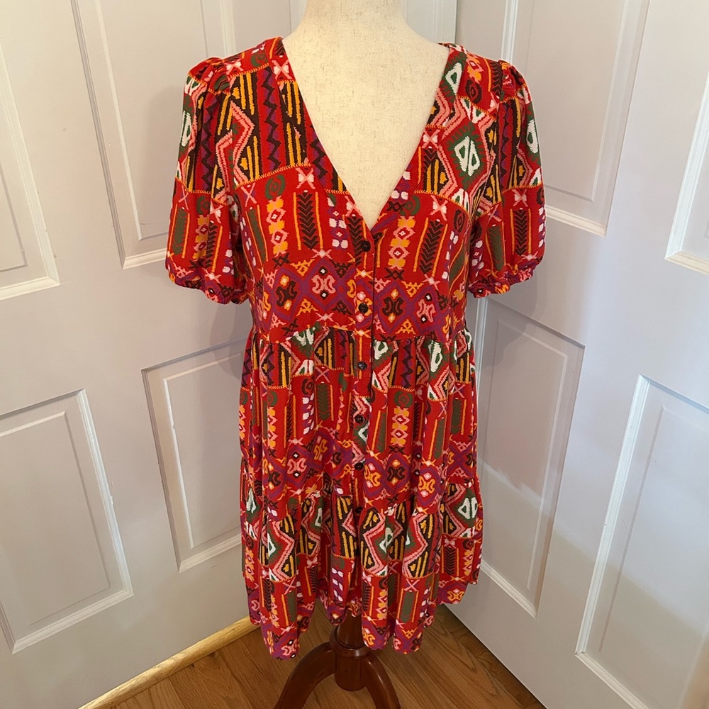 Never Fully Dressed Aztec‎ Boho Print Mini Dress Red V-Neck Puff Sleeve Size M